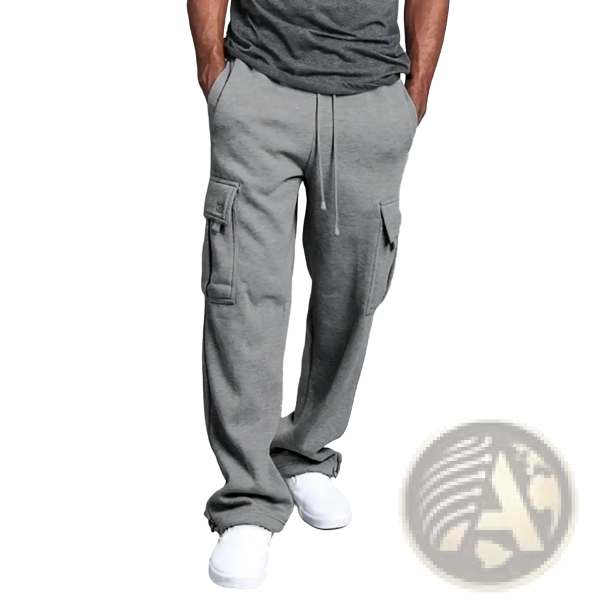 Gray fleece men cargo sweatpants featuring multiple pockets and a drawstring waistband for comfortable wear