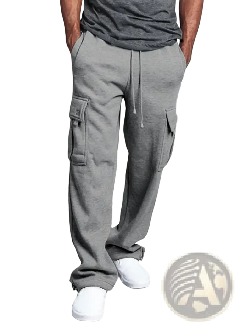 Gray men cargo sweatpants with fleece material, drawstring waist, and multiple pockets for functional comfort