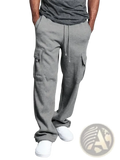 Gray men cargo sweatpants with fleece material, drawstring waist, and multiple pockets for functional comfort