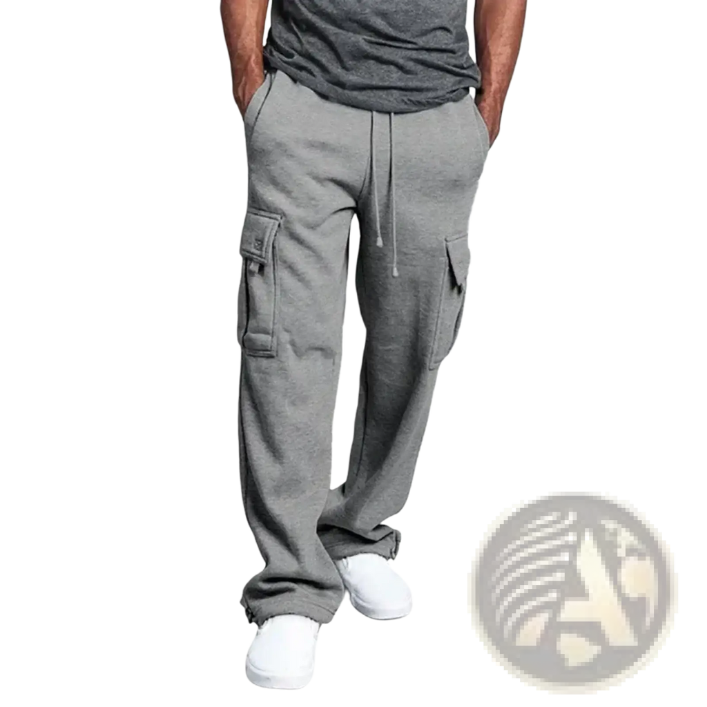Men cargo sweatpants in gray with side pockets and a drawstring waistband featuring a loose fit jogger design