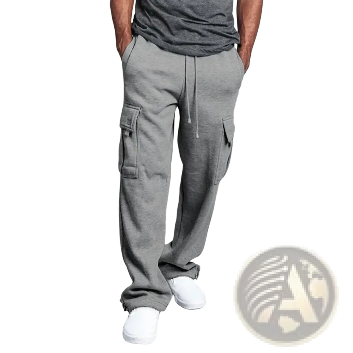 Men cargo sweatpants in gray with side pockets and a drawstring waistband featuring a loose fit jogger design
