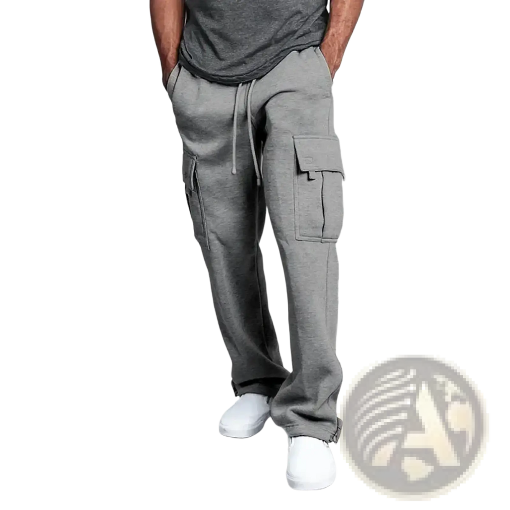 Gray men cargo sweatpants made of soft fabric with a drawstring waist and multiple pockets for loose fit comfort