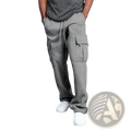 Gray men cargo sweatpants made of soft fabric with a drawstring waist and multiple pockets for loose fit comfort