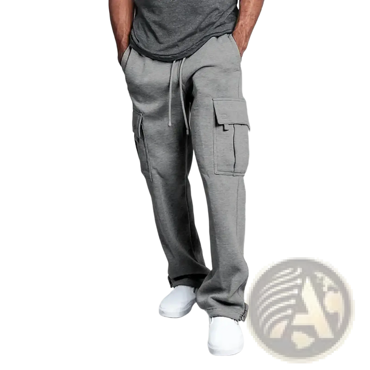 Gray men cargo sweatpants made of soft fabric with a drawstring waist and multiple pockets for loose fit comfort