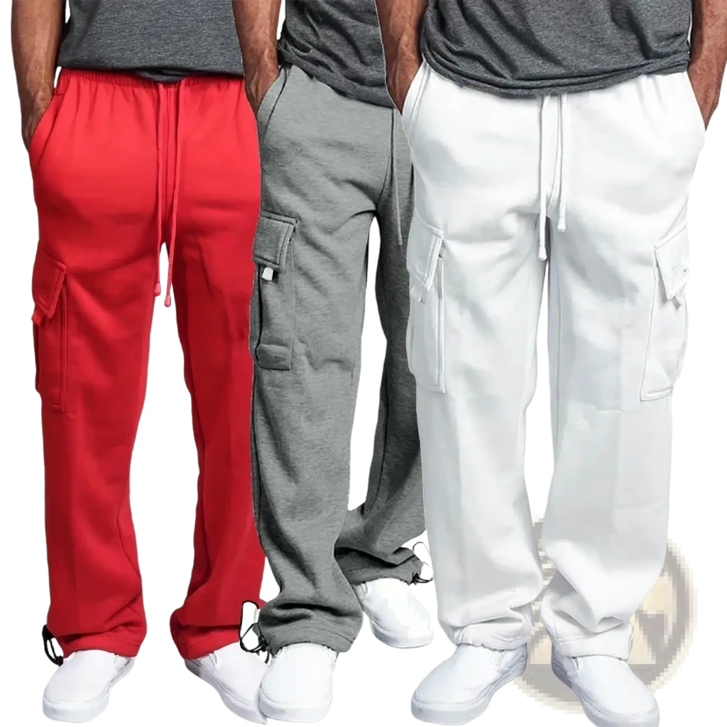 Men cargo sweatpants loose fit jogger trousers in red gray and white with drawstring waistbands and side pockets