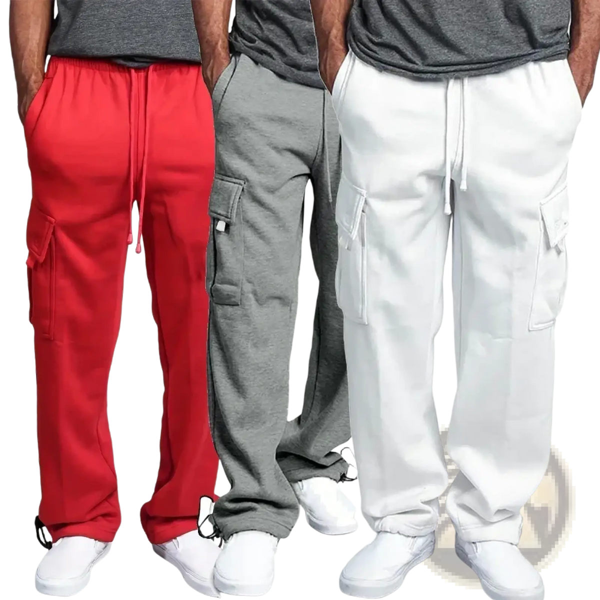 Men cargo sweatpants loose fit jogger trousers in red gray and white with drawstring waistbands and side pockets