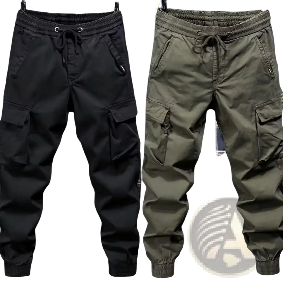 Men cargo sweatpants in black and olive green with elastic waistband drawstrings multi pockets and tapered cuffs
