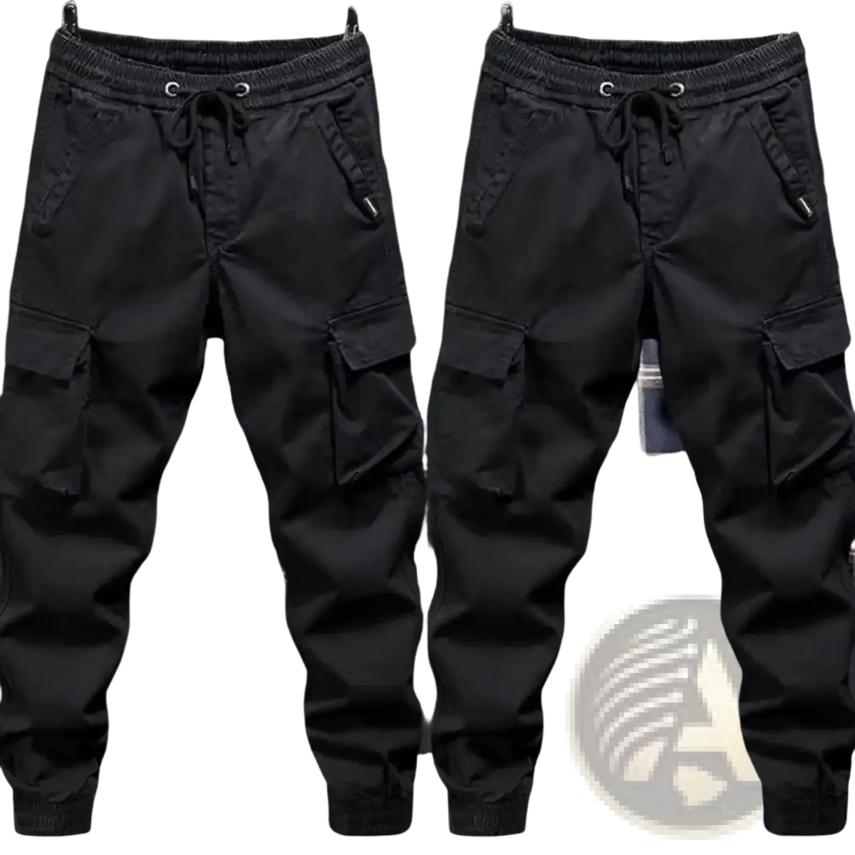 Men cargo sweatpants in black with elastic waistband, drawstring, multiple pockets, and tapered legs for streetwear