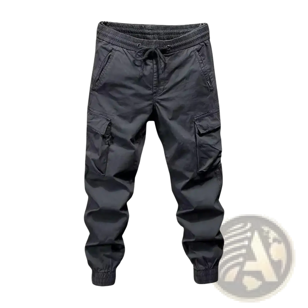 Men cargo sweatpants in black with elastic waistband, drawstring, multiple pockets, and tapered legs for streetwear
