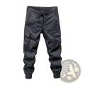 Men cargo sweatpants in black with elastic waistband, drawstring, multiple pockets, and tapered legs for streetwear