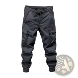 Men cargo sweatpants in black with elastic waistband, drawstring, multiple pockets, and tapered legs for streetwear