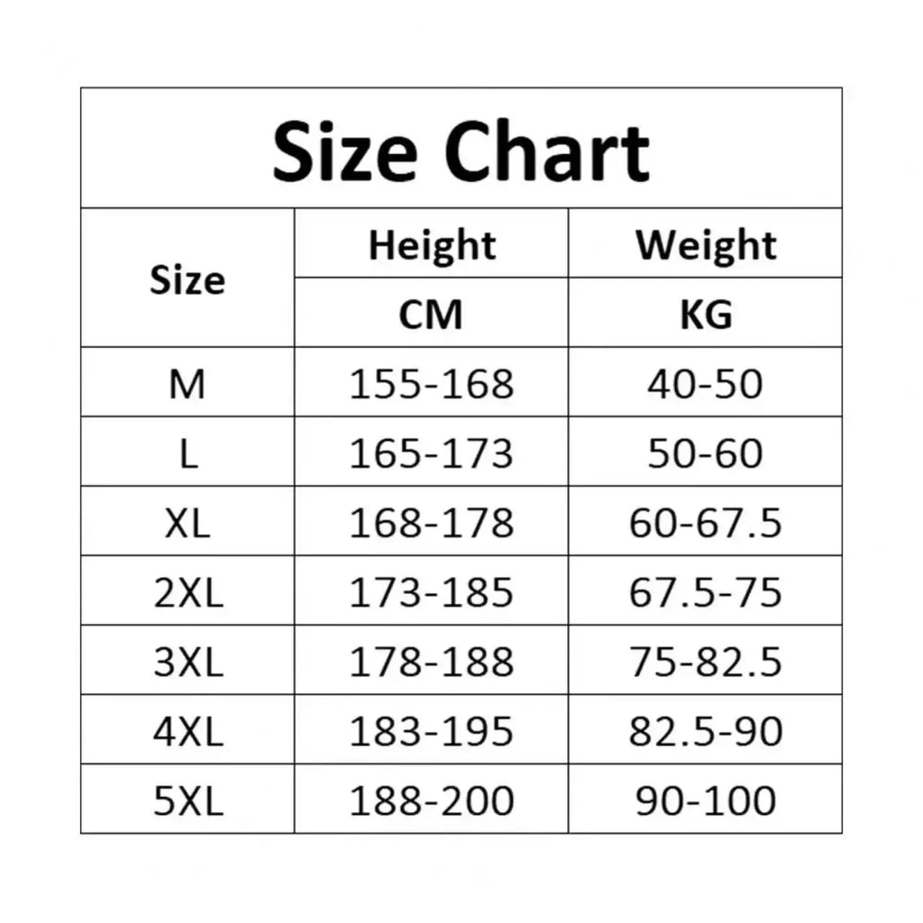 Size chart table showing height and weight ranges for men cargo sweatpants multi pocket streetwear sizes m to 5xl