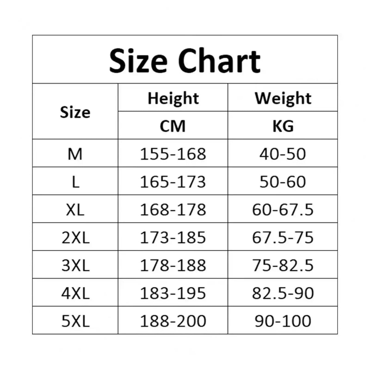 Size chart table showing height and weight ranges for men cargo sweatpants multi pocket streetwear sizes m to 5xl