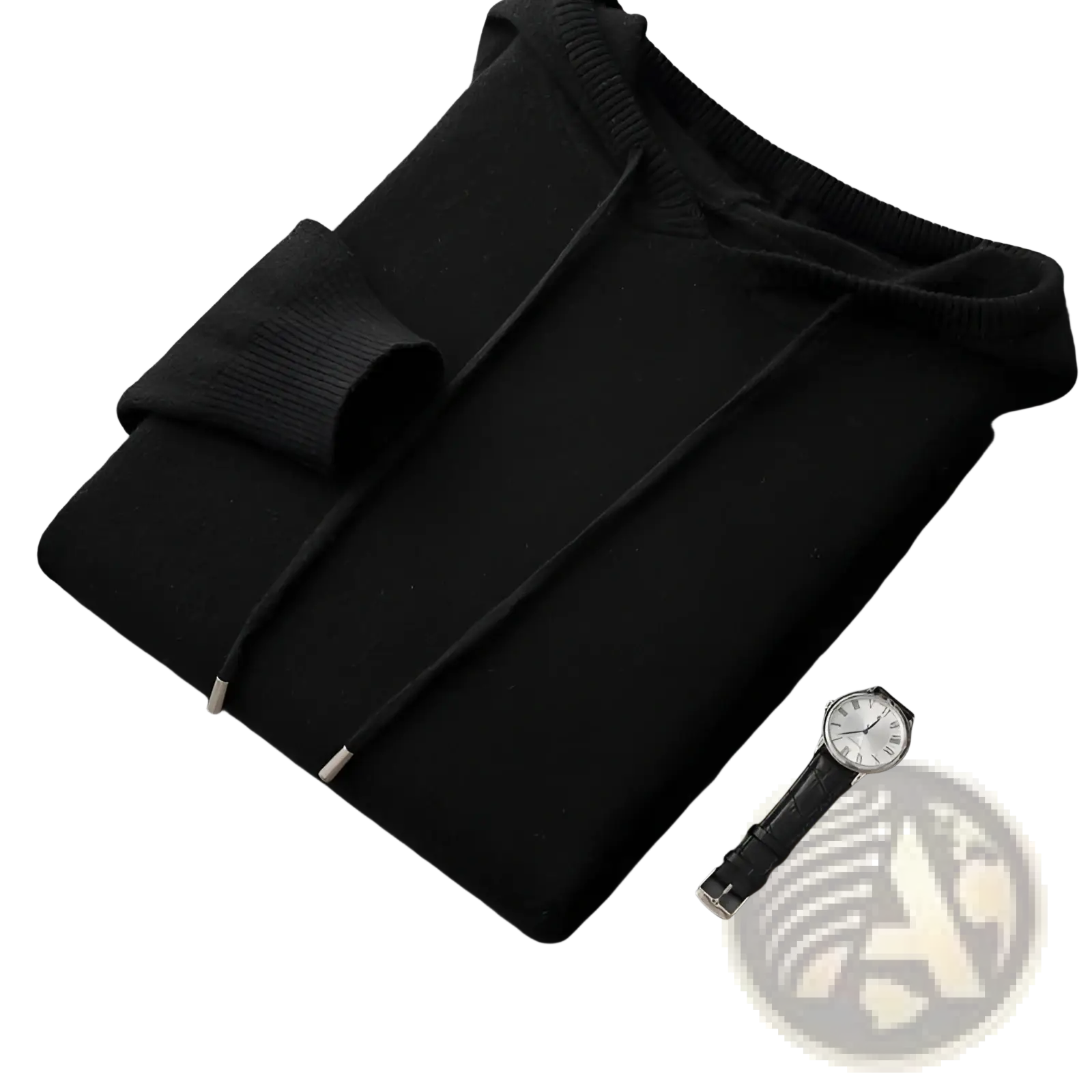 Black cashmere knit men hoodie with ribbed cuffs hem and silver tipped drawstrings for winter use
