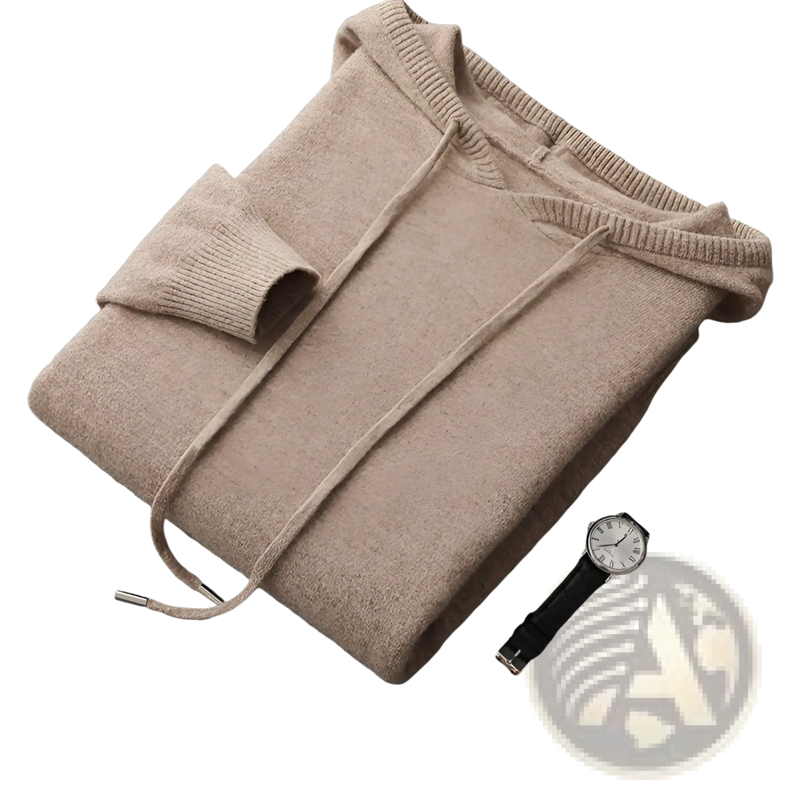 Men cashmere hoodie loose winter pullover in soft beige knit with ribbed cuffs hem and drawstring hood