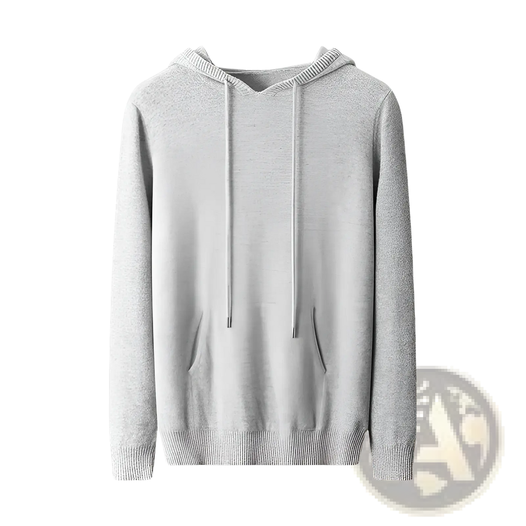A soft heather gray cashmere hoodie with ribbed hem and cuffs men’s loose winter pullover