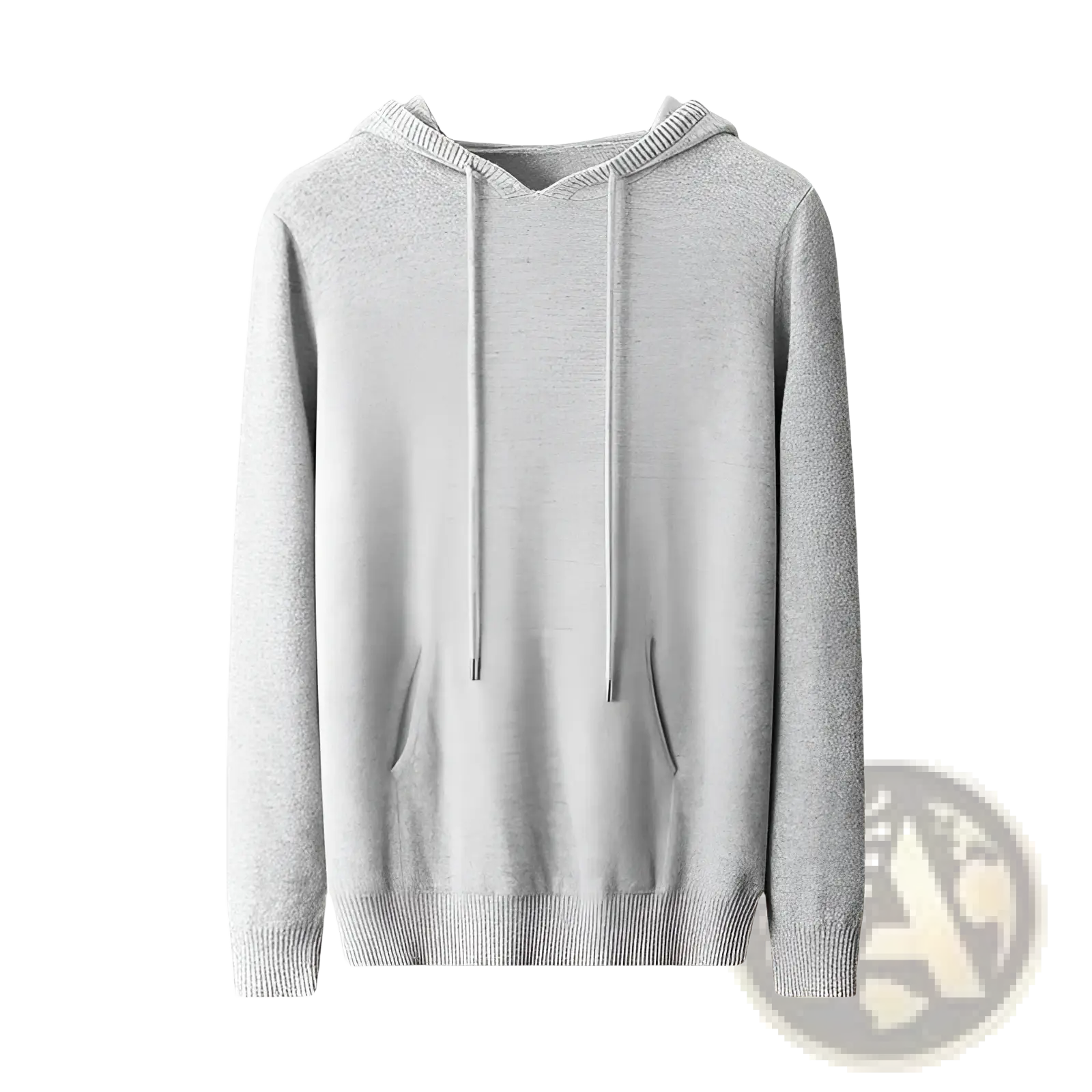 A soft heather gray cashmere hoodie with ribbed hem and cuffs men’s loose winter pullover