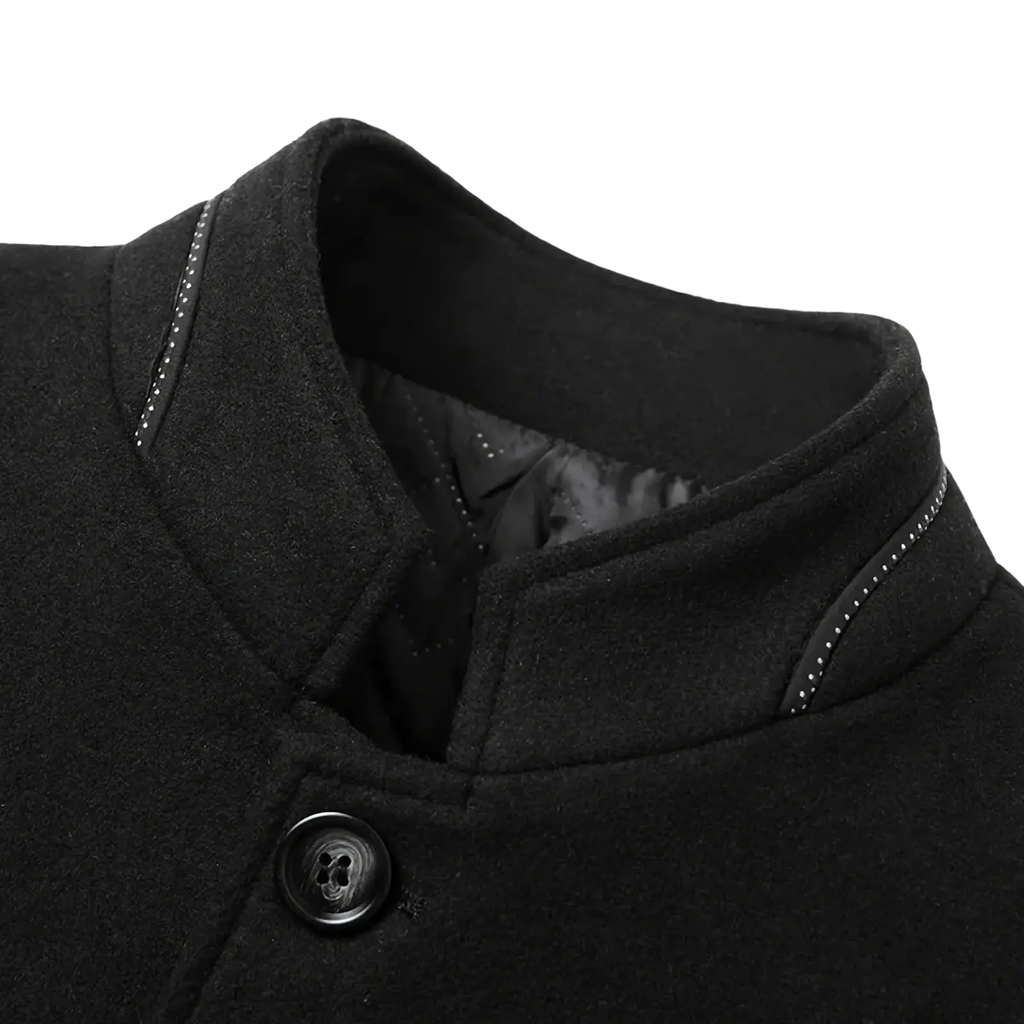 Men cashmere slim fit blazer black woolen coat with stand up collar and subtle silver stitching along edges