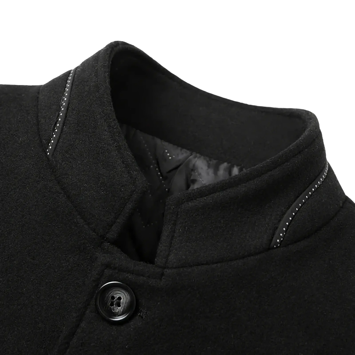 Men cashmere slim fit blazer black woolen coat with stand up collar and subtle silver stitching along edges