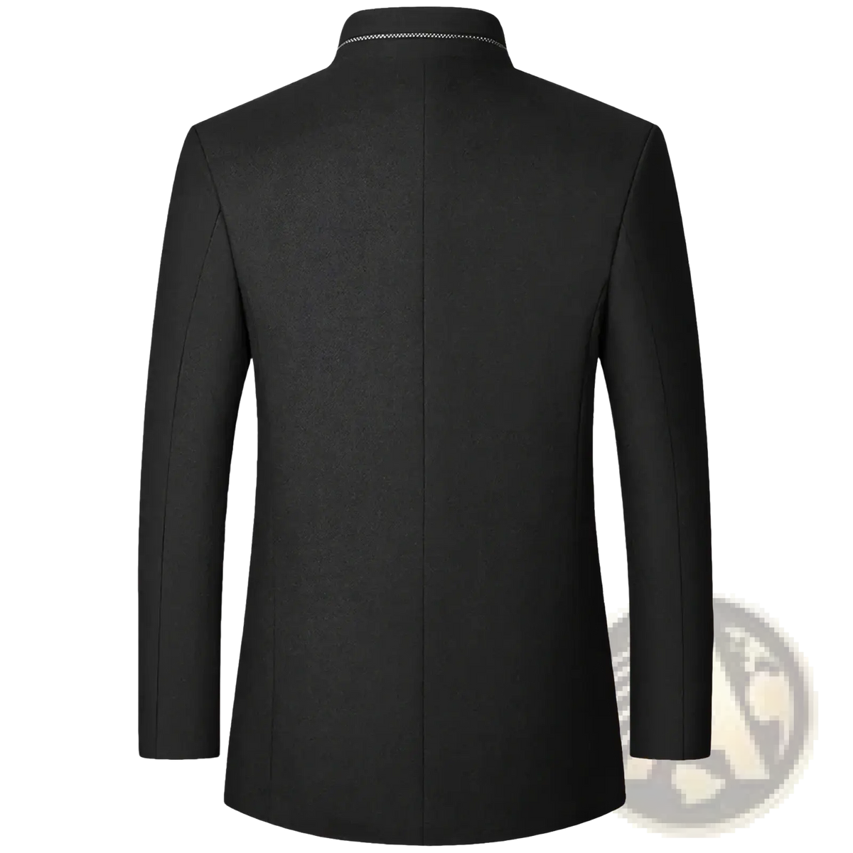 Men cashmere slim fit blazer in black wool with subtle textured weave and silver chain trim along the stand up collar