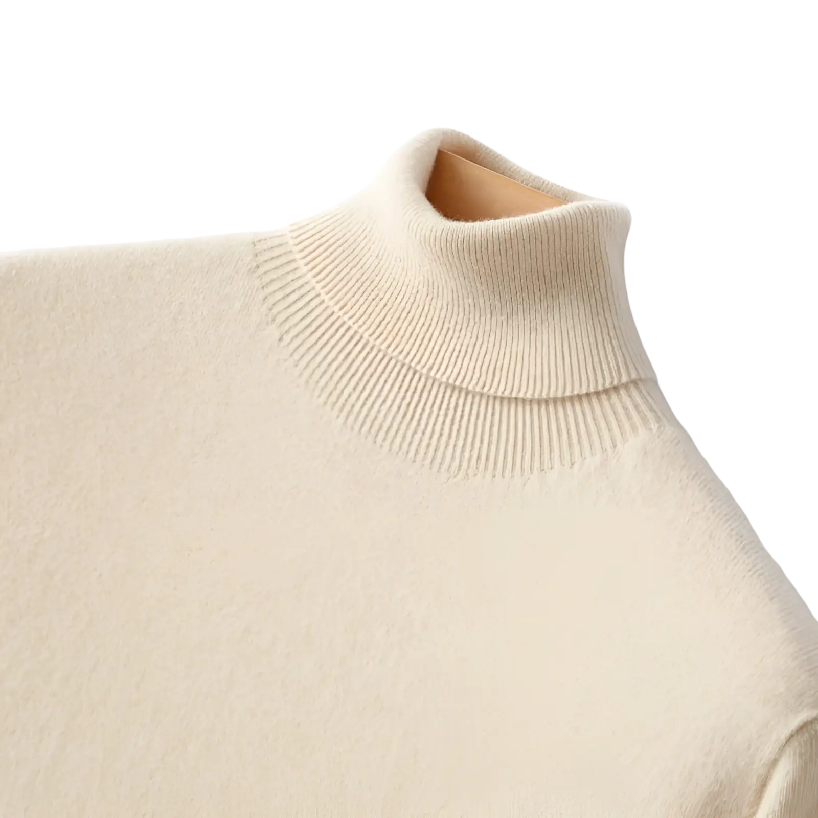 Cream-colored men cashmere turtleneck sweater with finely knit fabric and ribbed collar for a loose pullover fit