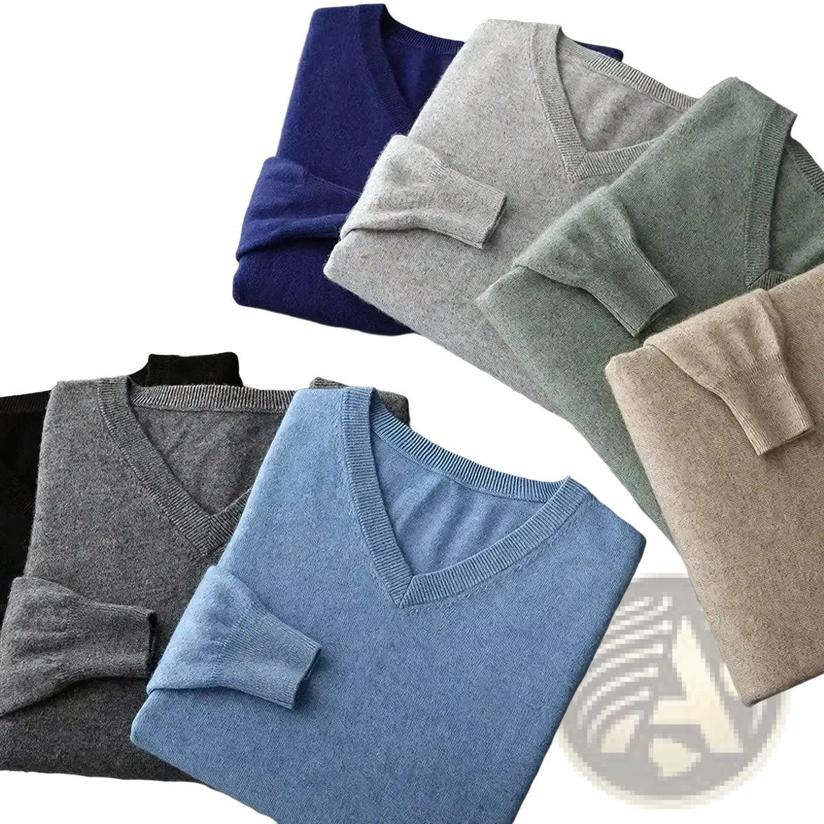 Men cashmere v neck pullover sweaters in blue gray green and beige neatly folded in solid colors