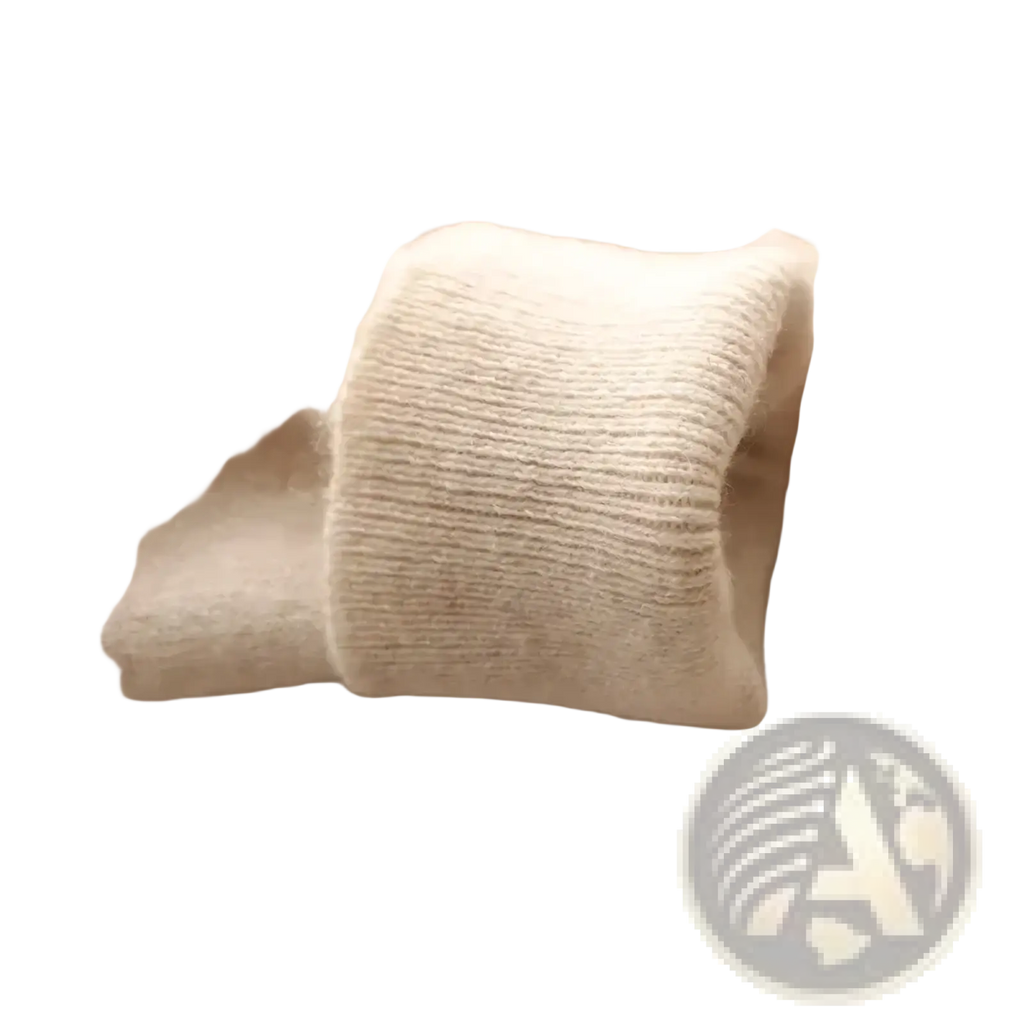 Cream-colored ribbed knit cuff of a soft plush men cashmere v neck pullover sweater