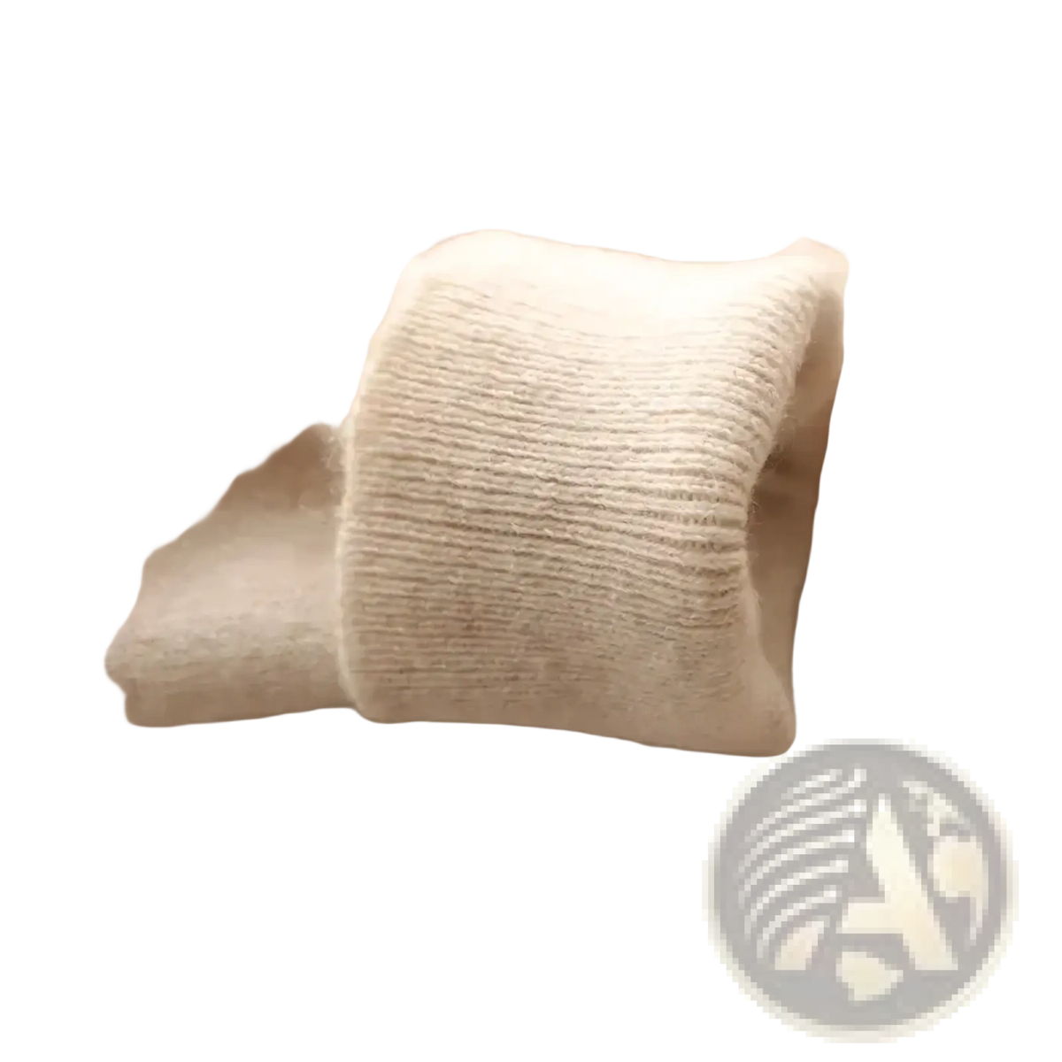 Cream-colored ribbed knit cuff of a soft plush men cashmere v neck pullover sweater