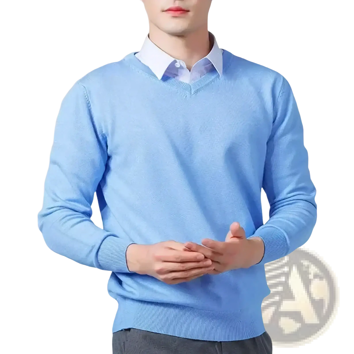 Men cashmere v neck pullover sweater in light blue with ribbed cuffs and hem