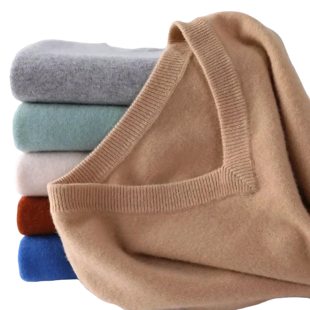 Men cashmere v neck pullover sweater in soft camel color with ribbed neckline made from premium cashmere