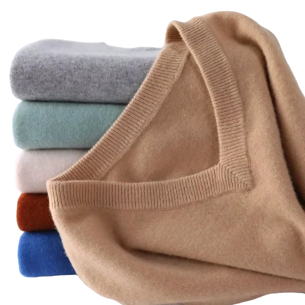 Men cashmere v neck pullover sweater in soft camel color with ribbed neckline made from premium cashmere