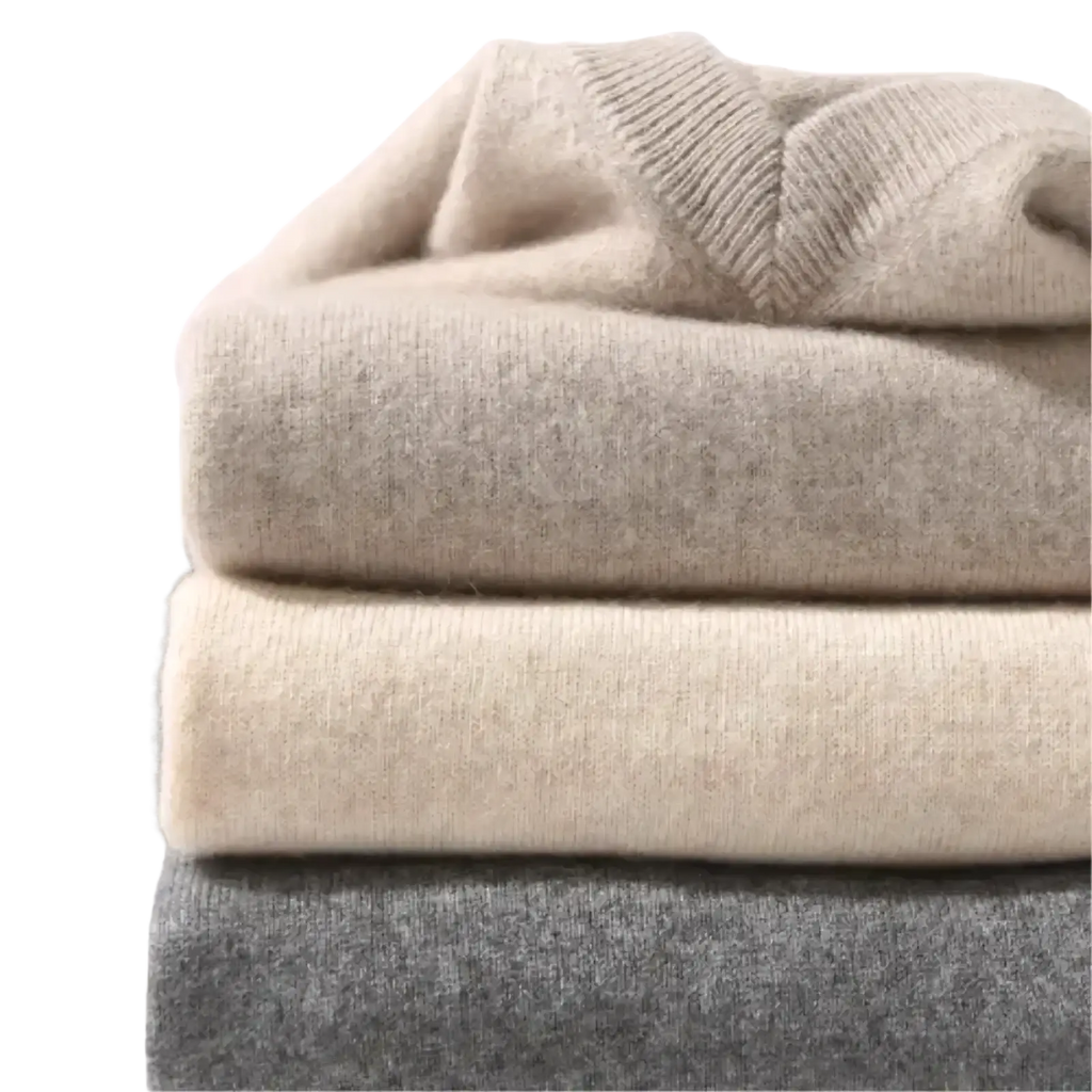 Stack of men cashmere v neck pullover sweaters in soft beige and gray tones made of premium cashmere material