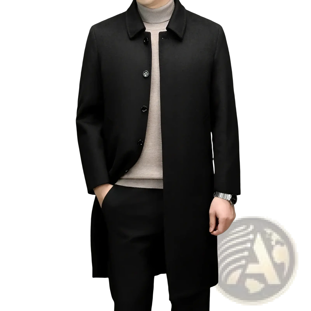 Black cashmere wool overcoat for men with classic collar and button closure in black woolen fabric
