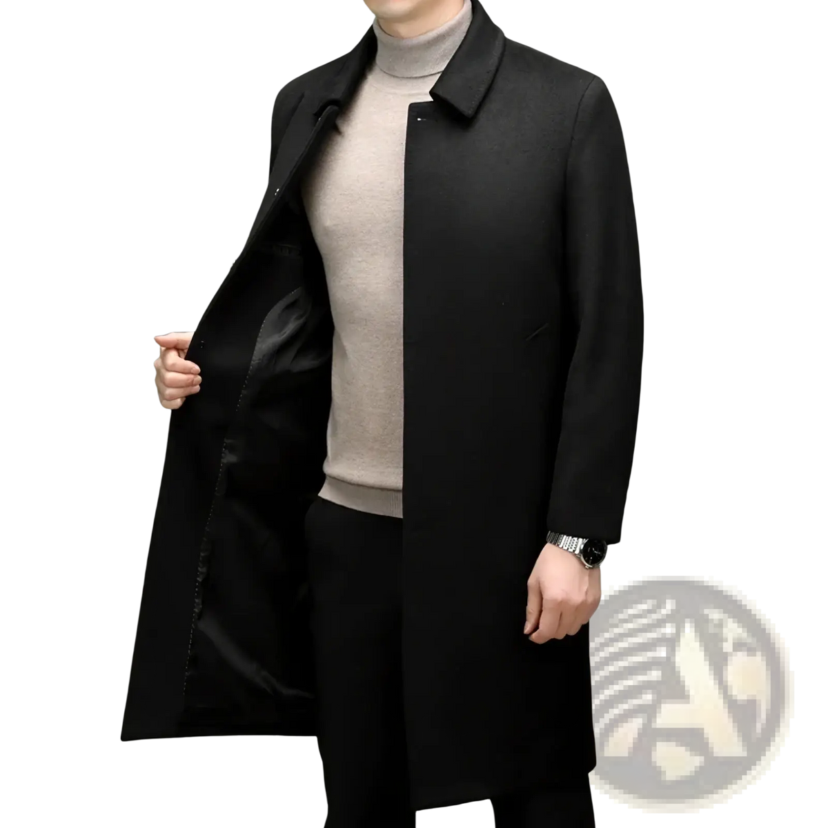 Men cashmere wool overcoat in black featuring a notched collar and front button closure