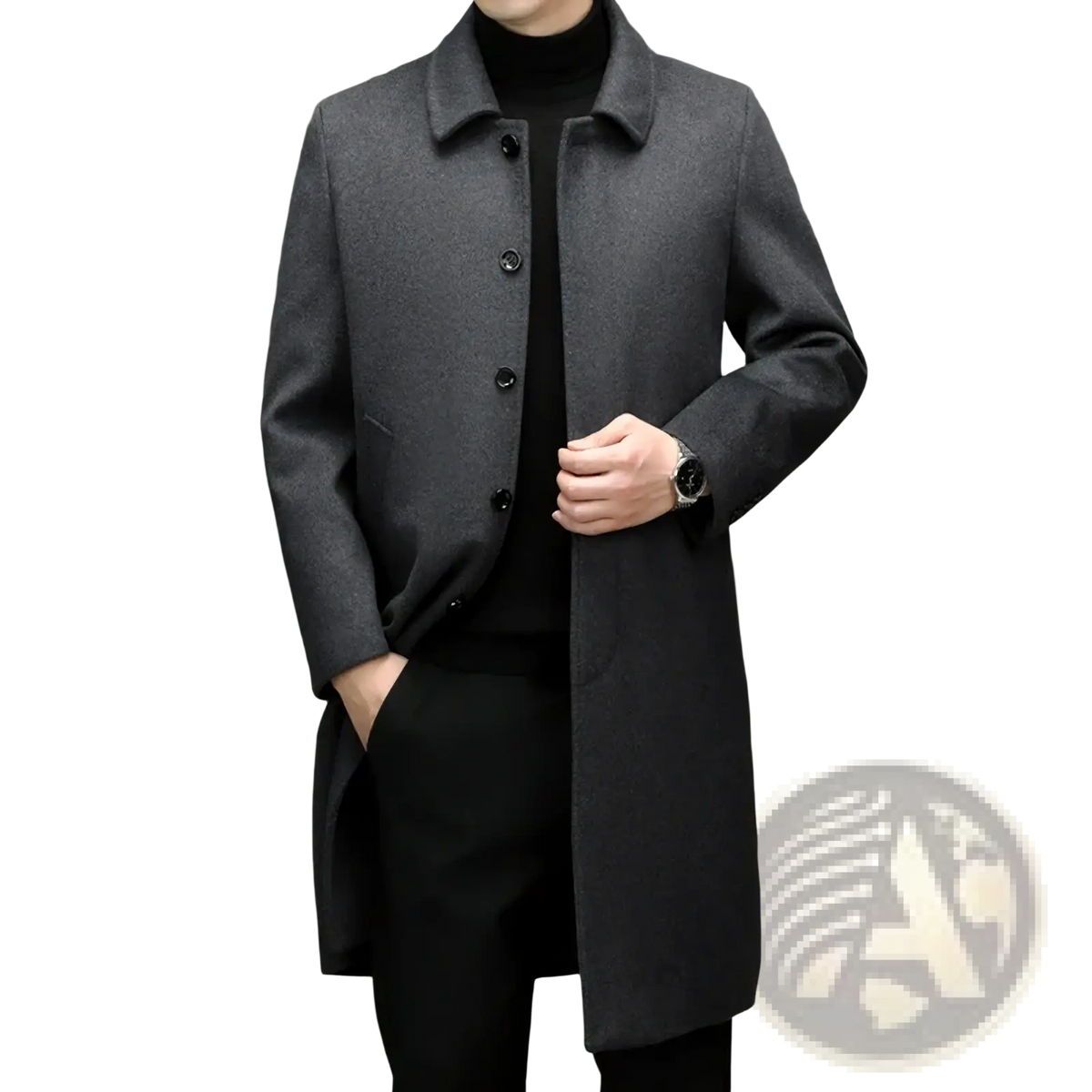Men cashmere wool overcoat in dark gray with a classic collar and black buttons for formal outerwear