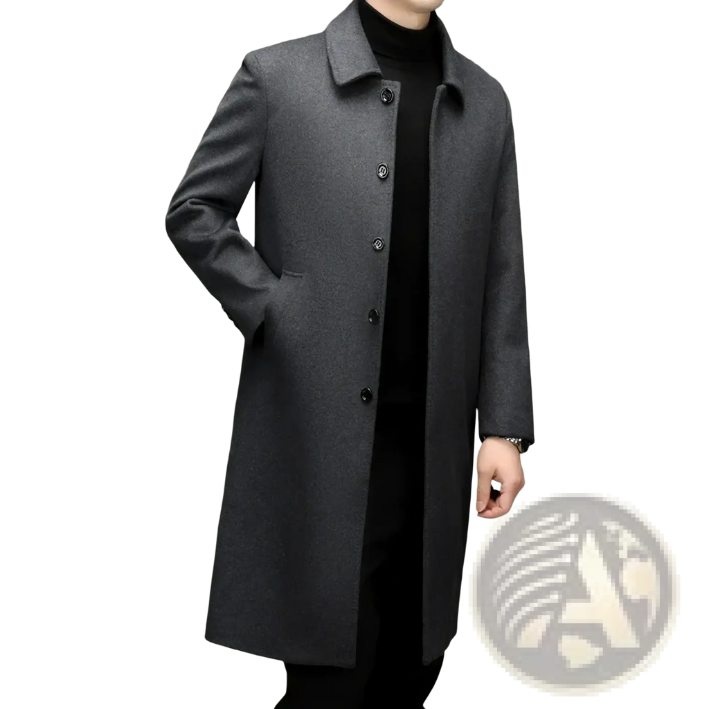 A sleek dark gray men cashmere wool overcoat with a classic collar and black buttons for formal wear