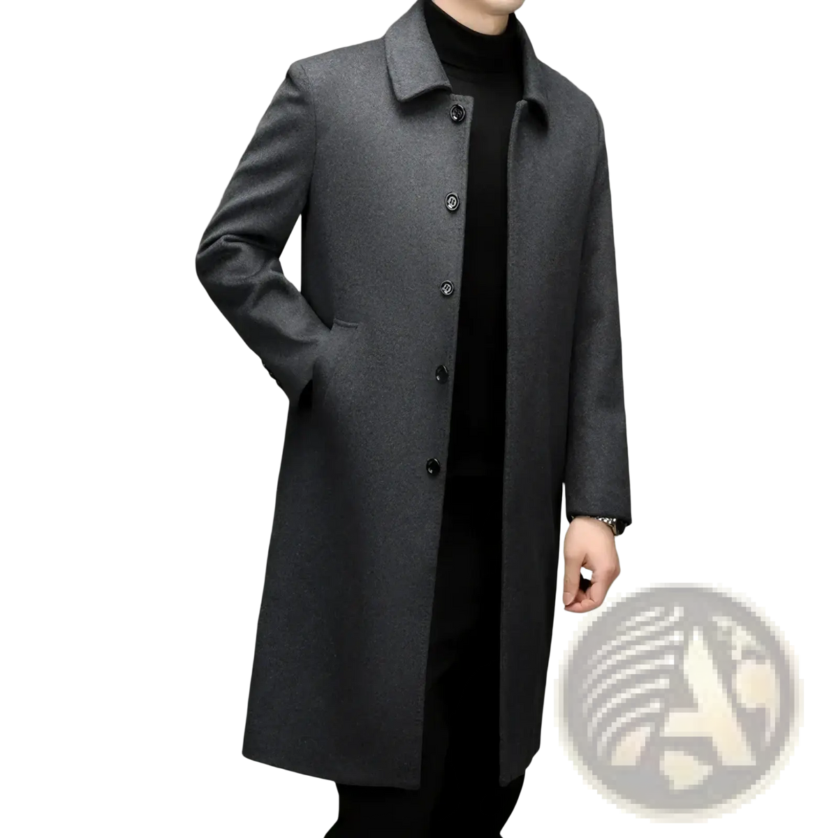 A sleek dark gray men cashmere wool overcoat with a classic collar and black buttons for formal wear