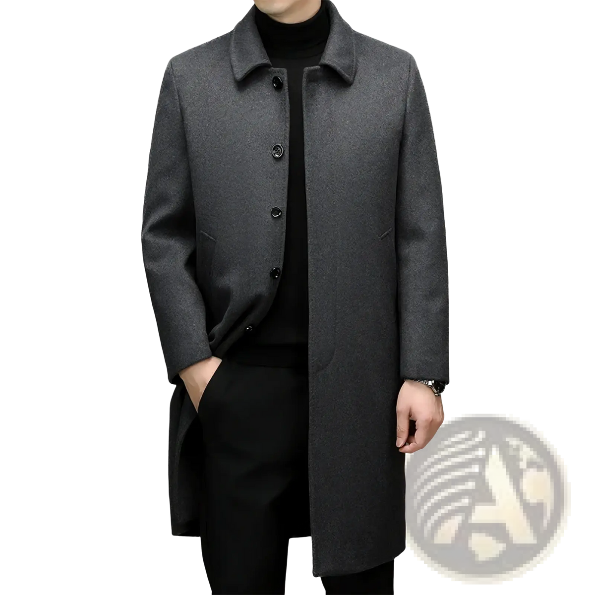 A sleek dark gray men cashmere wool overcoat with a classic collar and black buttons for formal wear