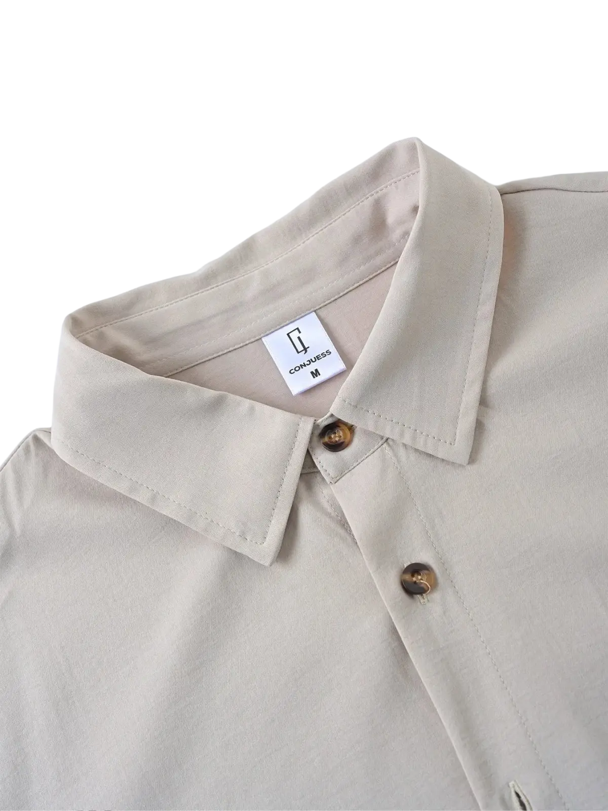 Beige cotton men casual short sleeve button-up shirt with structured collar and brown wooden buttons for summer wear