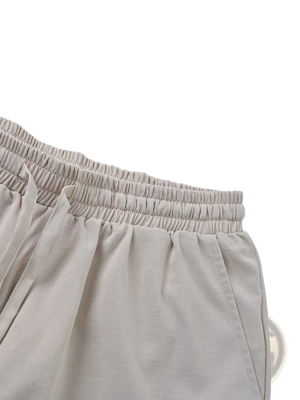 Beige elastic-waist trousers with soft lightweight fabric and subtle stitching in men casual summer outfit set