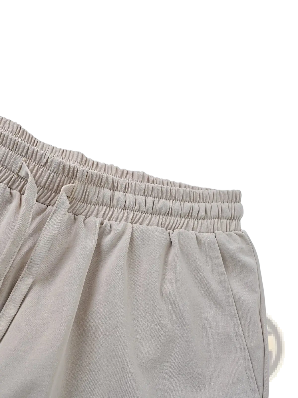 Beige elastic-waist trousers with soft lightweight fabric and subtle stitching in men casual summer outfit set