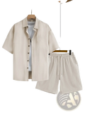 Men casual beige short-sleeved button-up shirt with collar and chest pocket worn over light blue t-shirt summer outfit set
