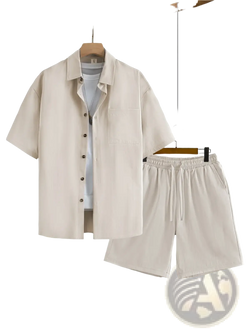 Men casual beige short-sleeved button-up shirt with collar and chest pocket worn over light blue t-shirt summer outfit set