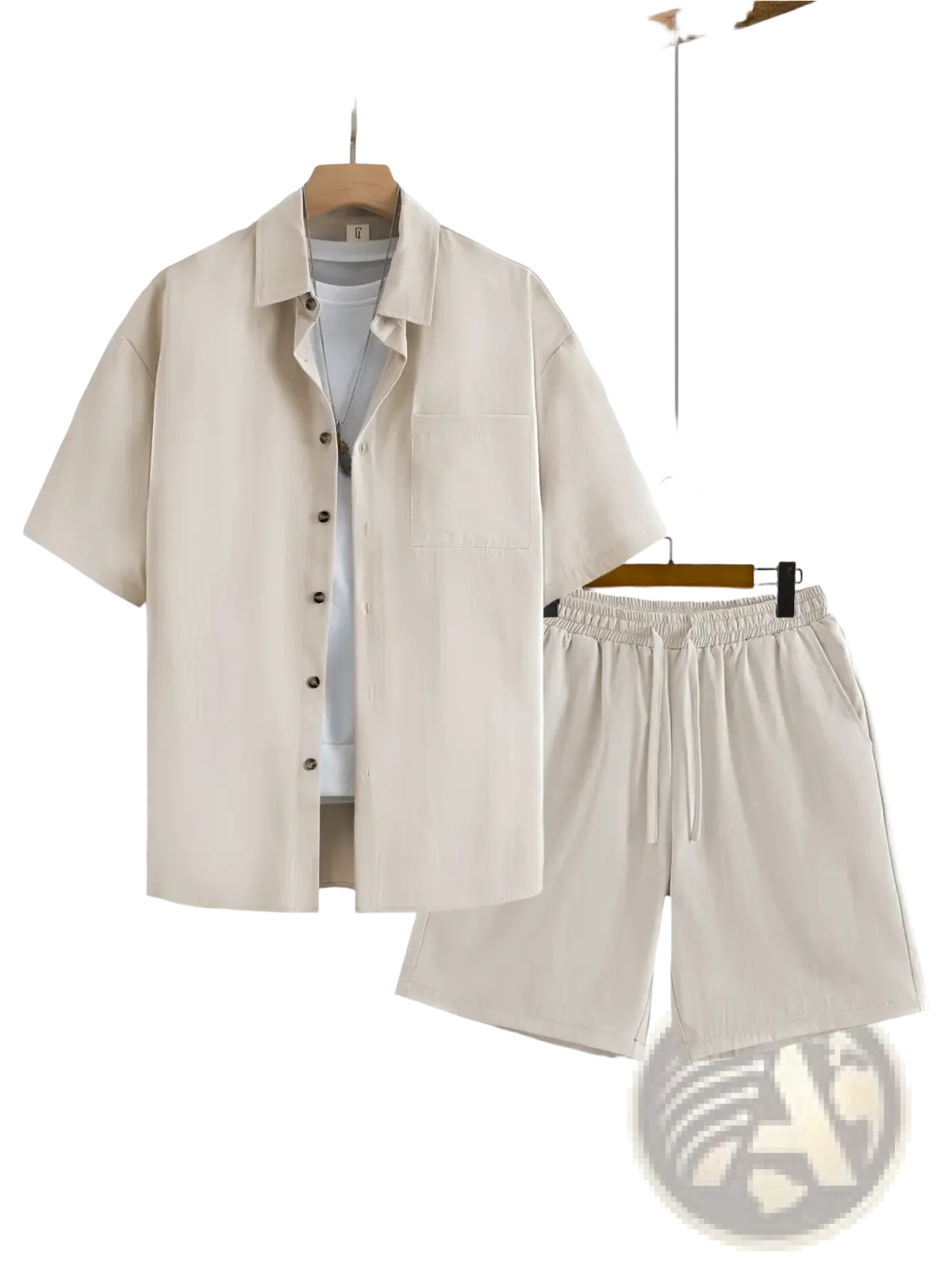 Men casual beige short-sleeved button-up shirt with collar and chest pocket worn over light blue t-shirt summer outfit set