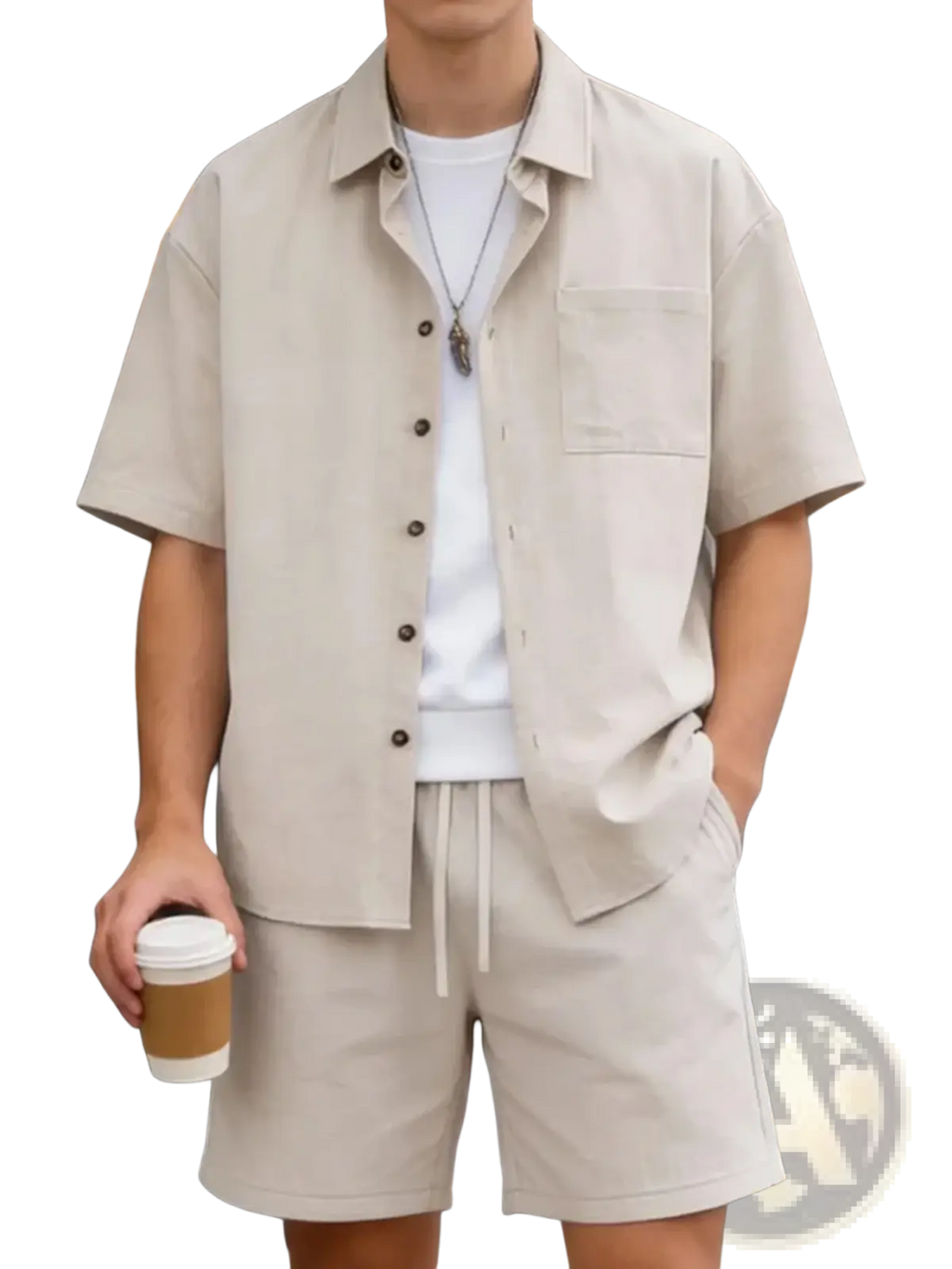 Men casual beige short-sleeved button-up shirt with chest pocket and dark buttons for summer outfit set