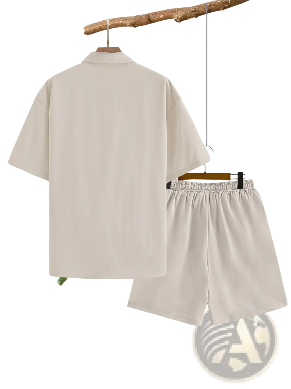 Men casual beige summer short sleeve outfit set with lightweight fabric and relaxed fit includes collared shirt and shorts