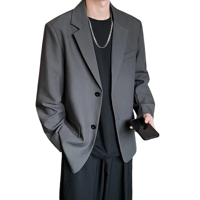 Men casual black blazer jacket in sleek dark gray with tailored fit and black buttons for formal and casual wear