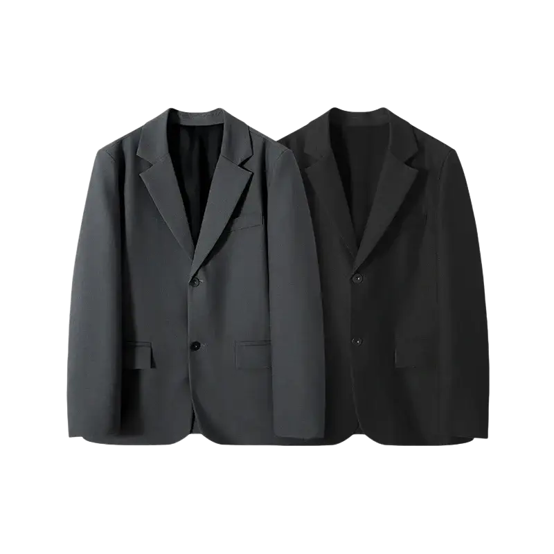 Two minimalist men casual black blazer jackets in charcoal gray and solid black with sleek single-breasted design
