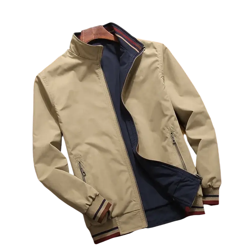 Men casual bomber jacket beige with navy blue lining and striped trim lightweight zip windbreaker for outdoor wear