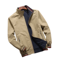 Men casual bomber jacket beige with navy blue lining and striped trim lightweight zip windbreaker for outdoor wear